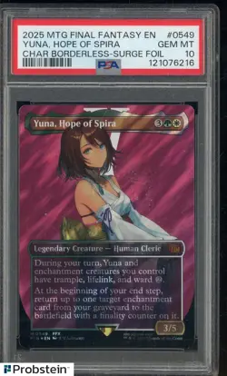 2025 MTG FINAL FANTASY #0549 YUNA, HOPE OF SPIRA BORDERLESS-SURGE FOIL PSA 10 - Image 1