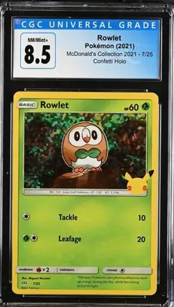 Pokemon Rowlet 2021 McDonald's Collection 7/25 Confetti Holo CGC 8.5 - Image 1