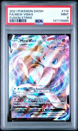 2021 Pokemon Sword & Shield Fusion Strike Full Art MEW VMAX #114 PSA 9 MINT - Image 1