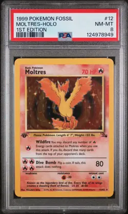 1999 POKEMON FOSSIL 1ST ED #12 MOLTRES-HOLO PSA 8 - Image 1