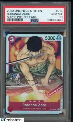 2022 One Piece ST01 EN Super Pre-Release #013 Roronoa Zoro PSA 10 GEM MINT - Image 1