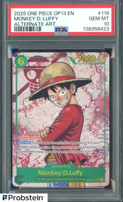2025 One Piece OP13 EN Alternate Art #118 Monkey D. Luffy PSA 10 GEM MINT - Image 1