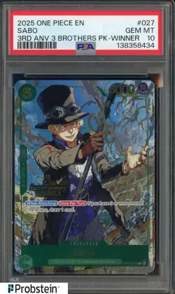2025 One Piece EN 3rd Anniversary 3 Brothers Winner #027 Sabo PSA 10 GEM MINT - Image 1