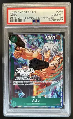 2025 One Piece Offline Regionals S1 Finalist Adio #P-078 PSA 10 GEM MINT - Image 1