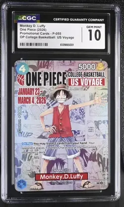 GEM MINT 10 CGC One Piece Card Monkey.D.Luffy P-055 College Basketball Voyage - Image 1