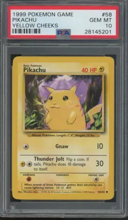 1999 Pokemon Game Yellow Cheeks #58 Pikachu Gem Mint PSA 10 - Image 1