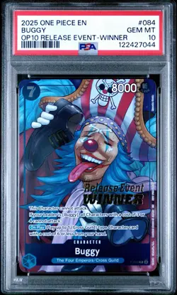 2025 ONE PIECE PROMOS #084 BUGGY OP10 RELEASE EVENT-WINNER PSA 10 - Image 1
