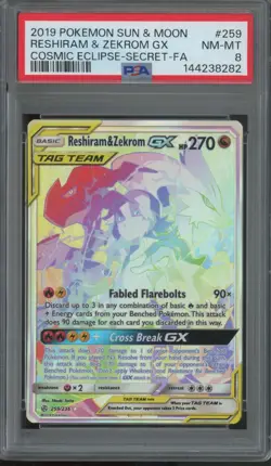 2019 Pokemon Sun & Moon Cosmic Eclipse Secret #259 Reshiram Zekrom GX PSA 8 - Image 1