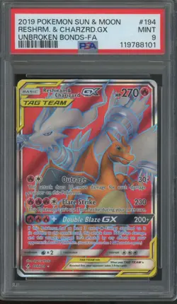2019 Pokemon Sun & Moon Unbroken Bonds #194 Reshiram & Charizard GX Mint PSA 9 - Image 1