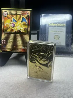 1999 23K Gold Plated Pikachu Card / COA & Custom Metal Charizard 25 Anniversary - Image 1