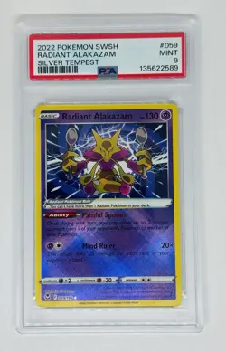 2022 POKEMON SWORD & SHIELD SILVER TEMPEST #059 RADIANT ALAKAZAM PSA 9 - Image 1