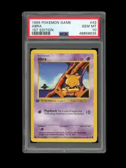 Pokemon PSA 10 GEM MINT Abra 1st Edition Base Set Shadowless 1999 Card 43/102 - Image 1