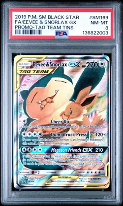 Pokemon Eevee & Snorlax 2019 SM Black Star Promo Tag Team GX SM169 PSA 8 - Image 1