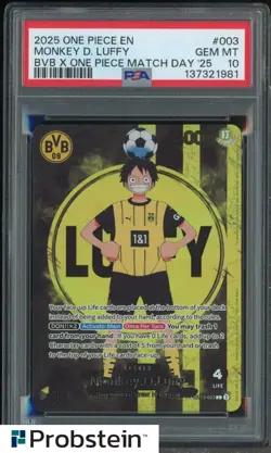 2025 ONE PIECE PROMOS BVB X ONE PIECE MATCH DAY 2025 #003 MONKEY D. LUFFY PSA 10 - Image 1