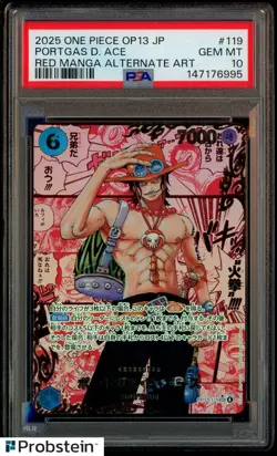 2025 One Piece OP13 JP Red Manga Alternate Art #119 Portgas D. Ace PSA 10 - Image 1