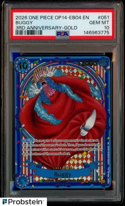 2026 One Piece OP14-EB04 EN 3rd Anniversary Gold #051 Buggy PSA 10 GEM MINT - Image 1