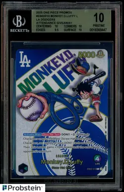 #2 2025 One Piece Promo Dodgers Attendance Giveaway Monkey D. Luffy BGS 10 - Image 1