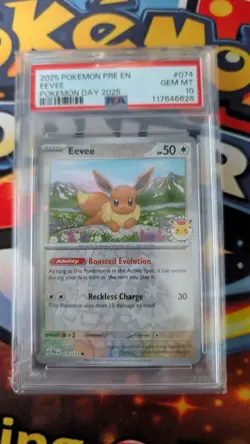 2025 POKEMON PRE EN-PRISMATIC EVOLUTIONS POKEMON DAY 2025 #074 EEVEE PSA 10 - Image 1