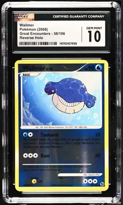 Pokemon Wailmer Reverse Holo CGC 10 Gem Mint, Great Encounters 58/106, 2008 - Image 1