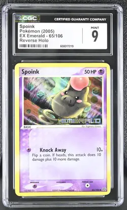 CGC 9 MINT Spoink 2005 EX Emerald 65/106 Reverse Holo Stamped Pokemon Card - Image 1