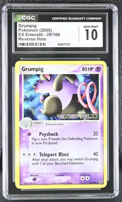 CGC 10 GEM MINT Grumpig 2005 EX Emerald 29/106 Reverse Holo Stamped Pokemon Card - Image 1