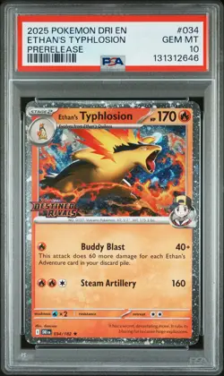 2025 POKEMON DRI EN-DESTINED RIVALS PRERELEASE #034 ETHAN'S TYPHLOSION PSA 10 - Image 1