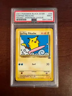 Pokemon League Black Star Surfing Pikachu Promo #28 PSA9 Cert # 68473800 - Image 1