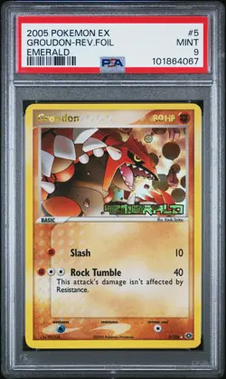 2005 POKEMON EX EMERALD #5 GROUDON-REVERSE FOIL PSA 9 - Image 1