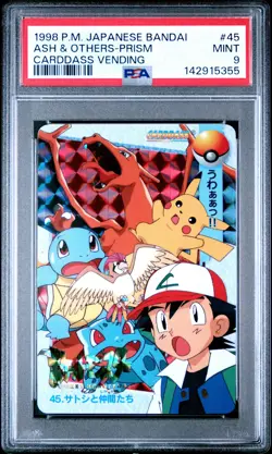 1998 POKEMON JPN BANDAI CARDDASS VENDING #45 ASH & OTHERS-PRISM PSA 9 - Image 1