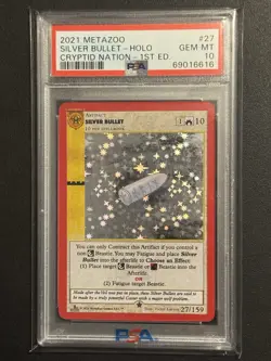 MetaZoo Silver Bullet 27/159 Cryptid Nation 1st Edition Full Holo PSA 10 GEM - Image 1