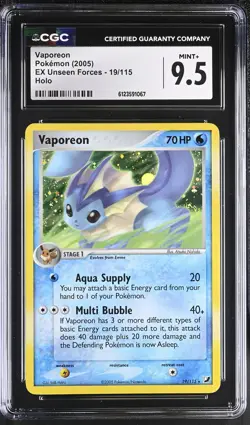 CGC 9.5 MINT+ Vaporeon 2005 EX Unseen Forces 19/115 Holo Pokemon Card - Image 1