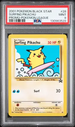 2001 POKEMON PROMO BLACK STAR POKEMON LEAGUE #28 SURFING PIKACHU PSA 9 - Image 1