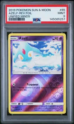2019 POKEMON SUN & MOON UNIFIED MINDS #85 AZELF-REVERSE FOIL PSA 9 - Image 1
