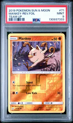 2019 POKEMON SUN & MOON TEAM UP #71 MANKEY-REVERSE FOIL PSA 9 - Image 1