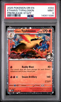 2025 POKEMON DESTINED RIVALS #034 ETHAN'S TYPHLOSION PRE-RELEASE STAFF PSA 9 - Image 1