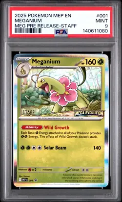 2025 POKEMON MEP EN-ME BLACK STAR PROMO #001 MEGANIUM PRE-RELEASE STAFF PSA 9 - Image 1