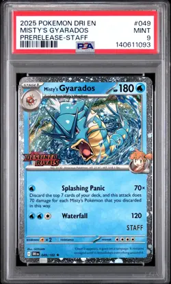 2025 POKEMON DESTINED RIVALS #049 MISTY'S GYARADOS PRE-RELEASE STAFF PSA 9 - Image 1
