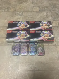 Pokemon Prismatic Evolutions Surprise Box Lot Of 4 And 4 Mini Tins - Image 1