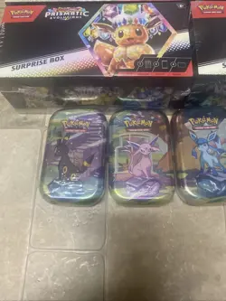 Pokemon Prismatic Evolutions Surprise Box Lot Of 4 And 4 Mini Tins - Image 2