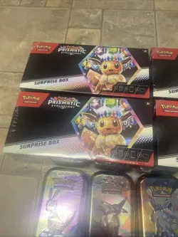 Pokemon Prismatic Evolutions Surprise Box Lot Of 4 And 4 Mini Tins - Image 4