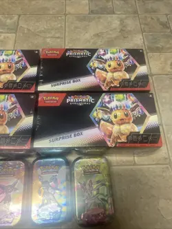 Pokemon Prismatic Evolutions Surprise Box Lot Of 4 And 4 Mini Tins - Image 5