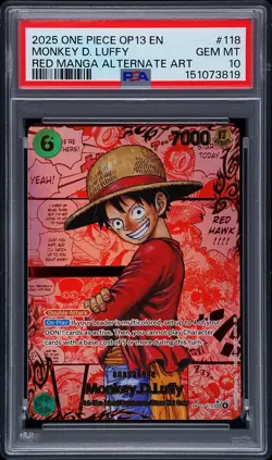2025 ONE PIECE OP13 RED MANGA ALTERNATE ART #118 MONKEY D. LUFFY PSA 10 - Image 1