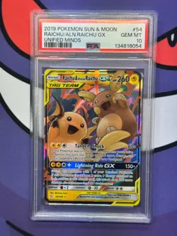 2019 POKEMON SUN & MOON UNIFIED MINDS #54 RAICHU & ALOLAN RAICHU GX PSA 10 - Image 1