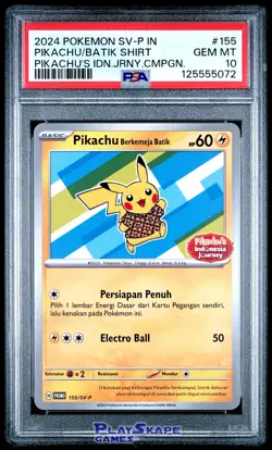 Pokemon Card PSA 10 Pikachu 155/SV-P Indonesian Promo Batik Shirt Journey 2024 - Image 1