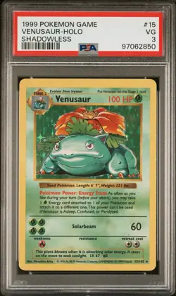 1999 POKEMON BASE SET SHADOWLESS #15 VENUSAUR-HOLO PSA 3 - Image 1