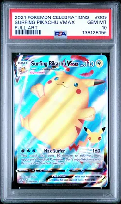 2021 POKEMON CELEBRATIONS #009 FULL ART/SURFING PIKACHU VMAX PSA 10 - Image 1