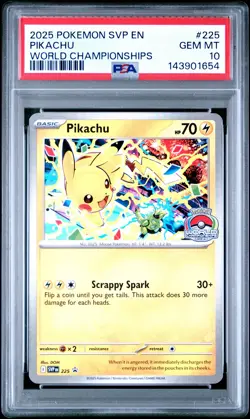 2025 POKEMON SVP EN-SV BLACK STAR PROMO WORLD CHAMPIONSHIPS #225 PIKACHU PSA 10 - Image 1