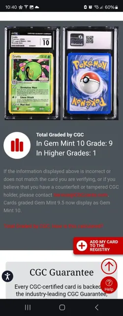 (POP 9) CGC 10 GEM MINT Pokemon CRADILY Stamped Reverse Holo Legend Maker 3/92 - Image 5