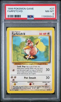 1999 POKEMON BASE SET UNLIMITED #27 FARFETCH'D PSA 8 - Image 1