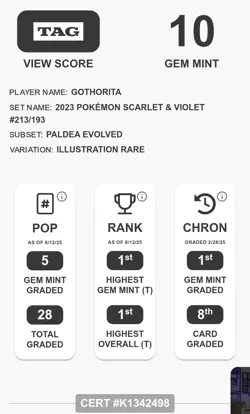 TAG 10 Gothorita 213/193 Paldea Evolved IR Pokemon Tcg (Current Highest Rated!!) - Image 3